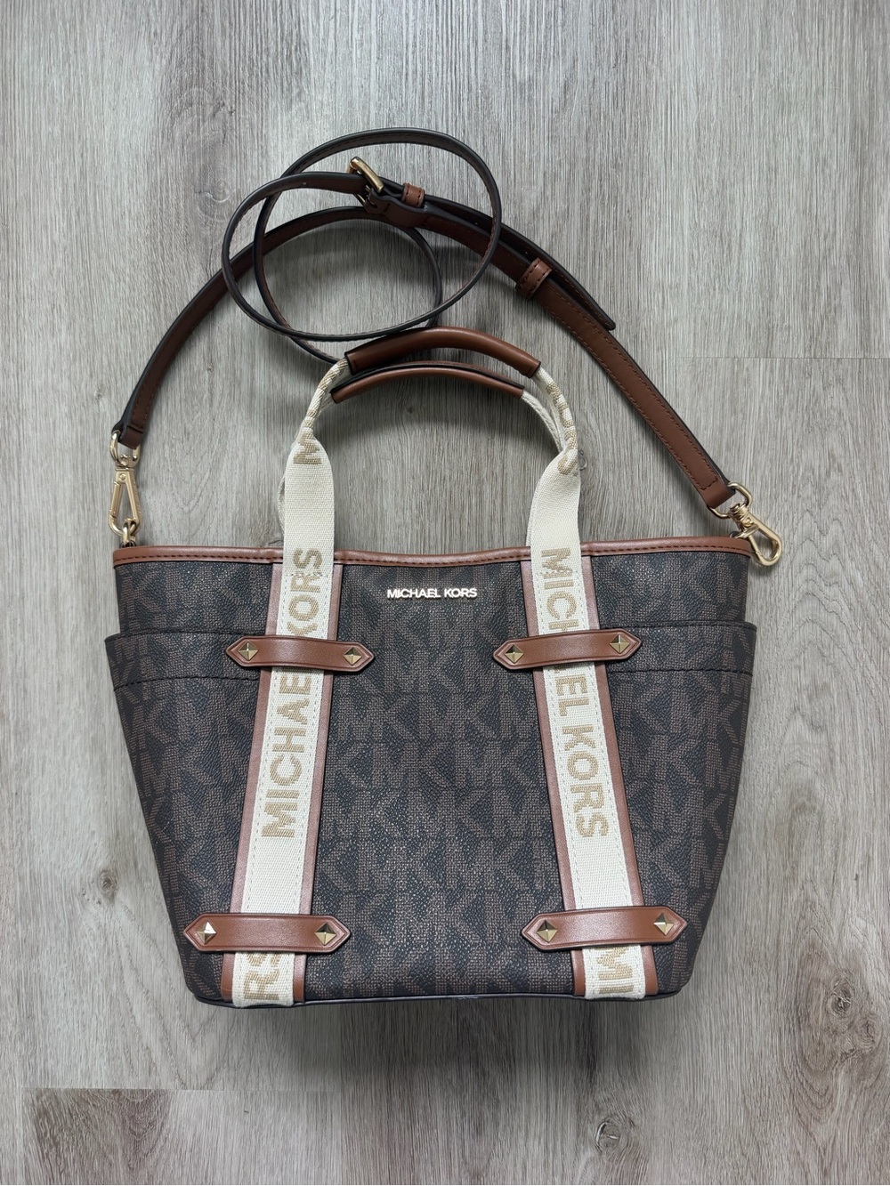 Michael Kors Brown Logo Shoulder Tote with Cream Branded Straps